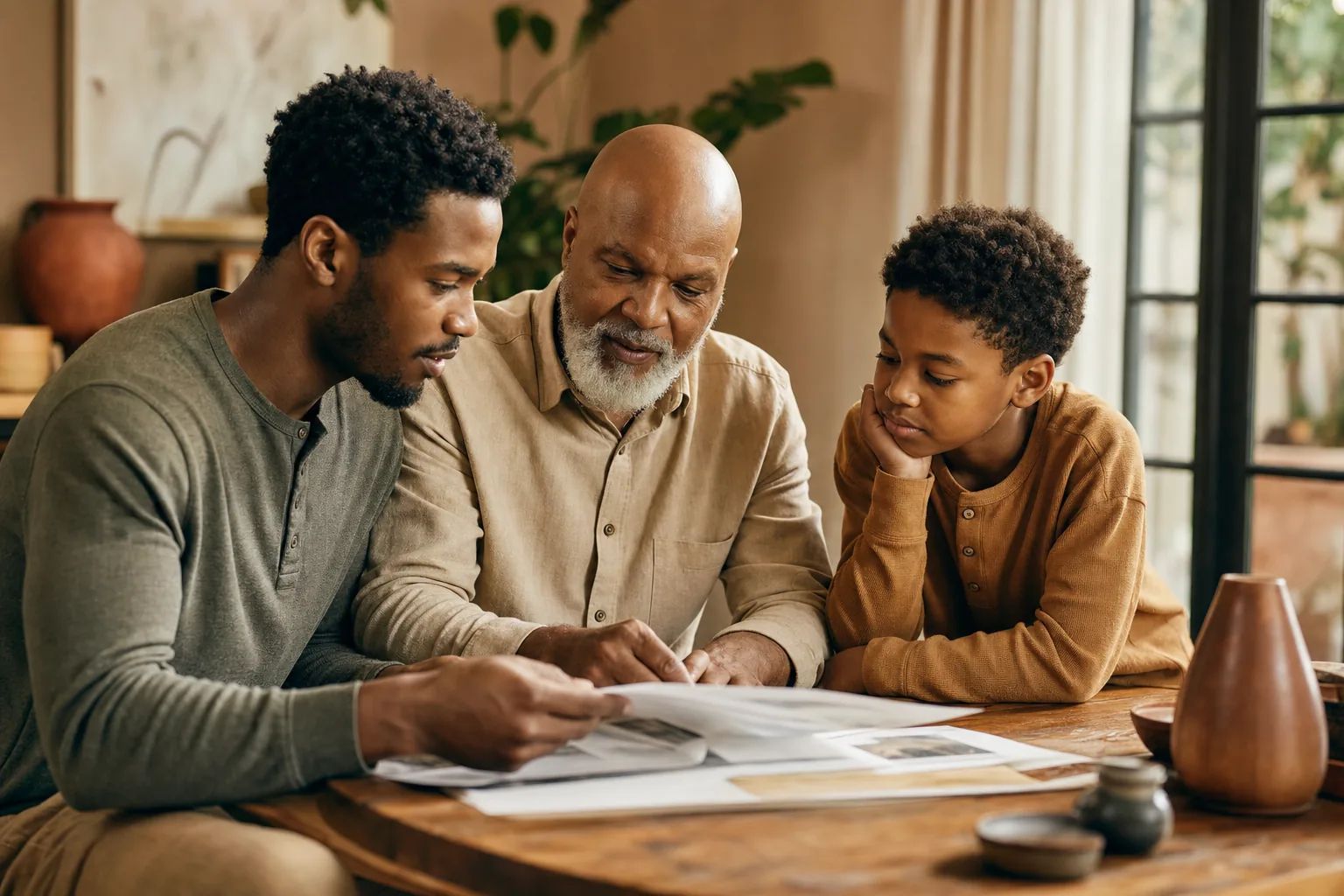 Three generations of a Black family reviewing plans together around a table
