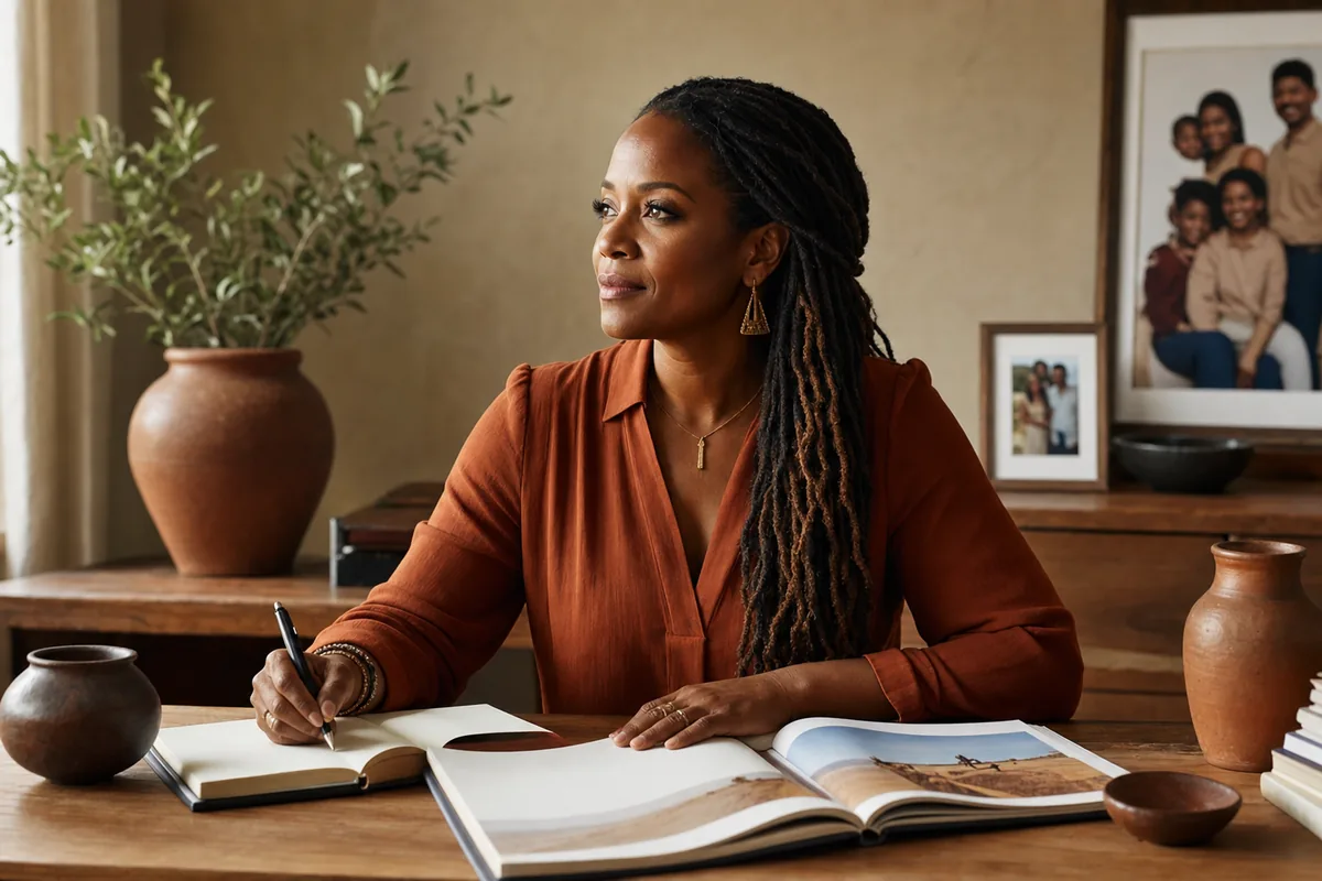 A Black family foundation founder writing plans at a desk with an open guide